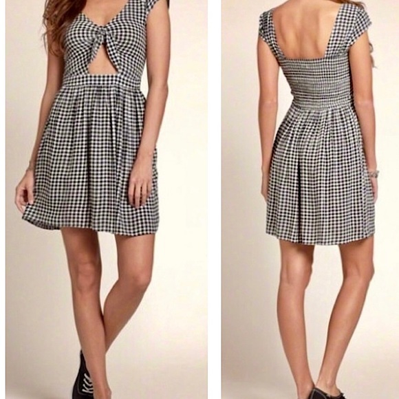 Hollister Gingham Dress small black white checkered cutout tie bow smocked - Picture 1 of 8